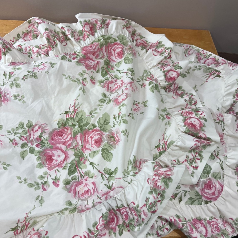 Vtg Laura Ashley Pink Rose Floral Ruffled Standard Pillow Shams Set of 2